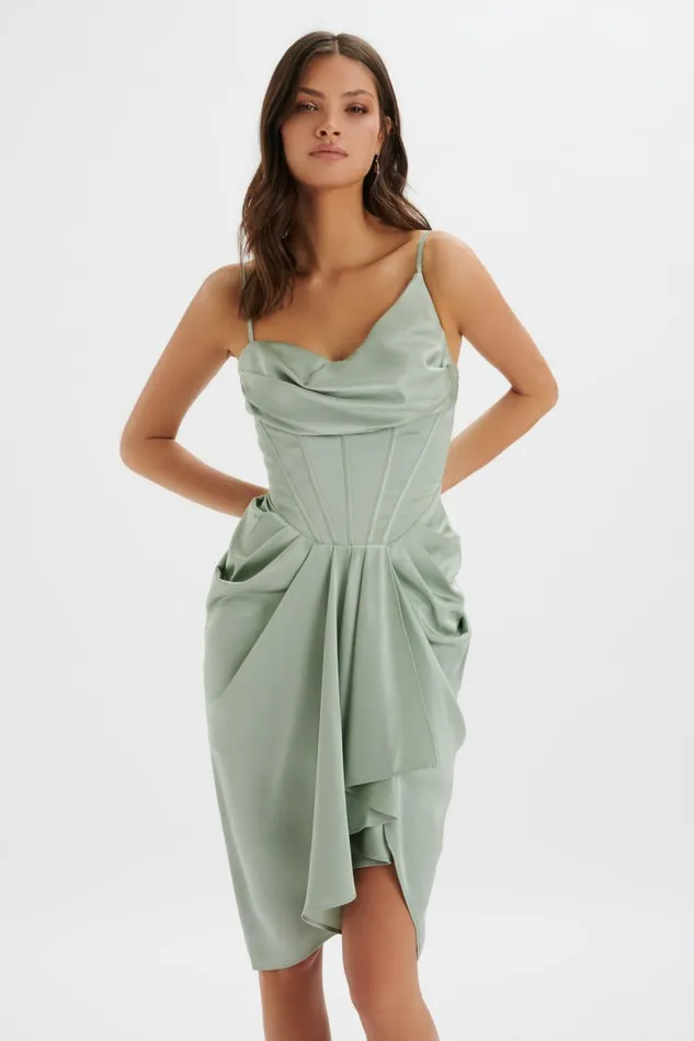 Women CowlNeck Dresses Lavish Alice SELAH Asymmetric Cowl Neck Draped Midi Dress In Sage Sage