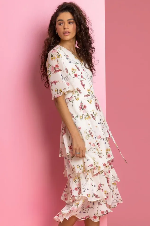Women Cream Floral Print Chiffon Frill Tiered Midi Dress Roman Dresses