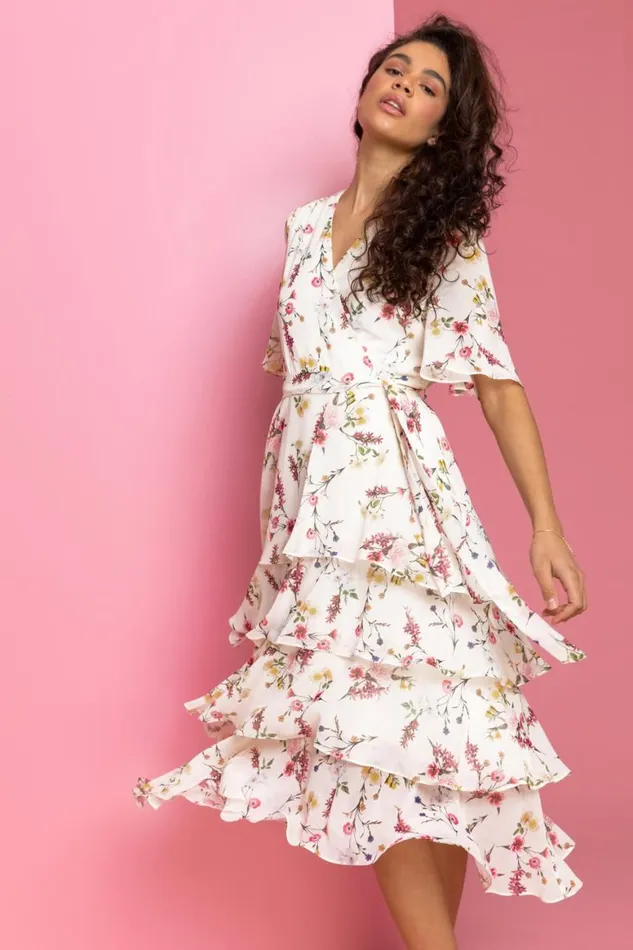 Women Cream Floral Print Chiffon Frill Tiered Midi Dress Roman Dresses