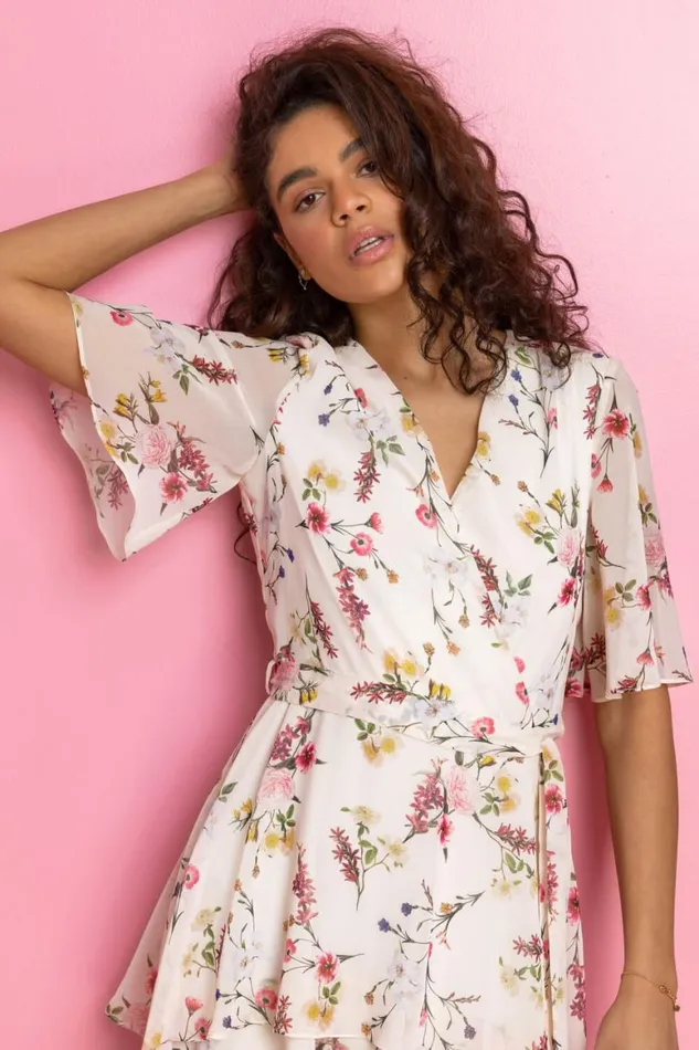Women Cream Floral Print Chiffon Frill Tiered Midi Dress Roman Dresses