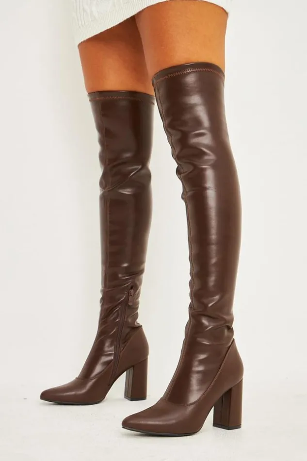 Women Cuissardes Pointues Marron Talon Bloc Brown Brentiny Paris Thigh Boots
