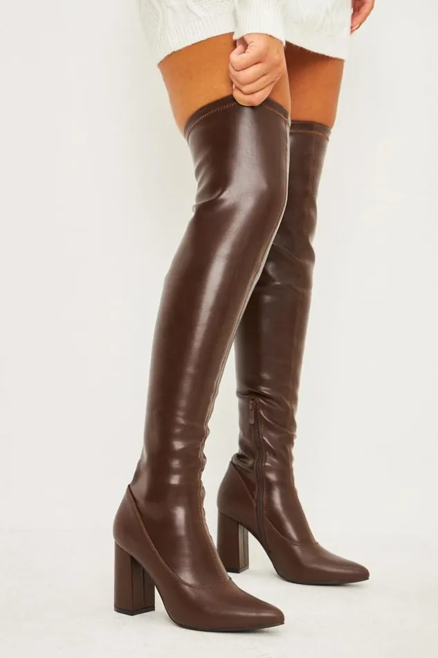 Women Cuissardes Pointues Marron Talon Bloc Brown Brentiny Paris Thigh Boots Women Cuissardes Pointues Marron Talon Bloc Brown Brentiny Paris Thigh Boots