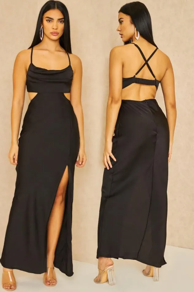 Women Cut Out Satin Cami Midi Dress In Black Black Brentiny Paris Satin Dresses
