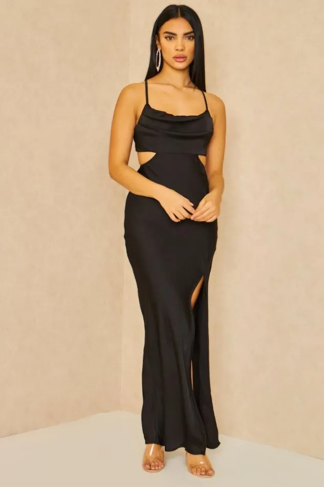 Women Cut Out Satin Cami Midi Dress In Black Black Brentiny Paris Satin Dresses