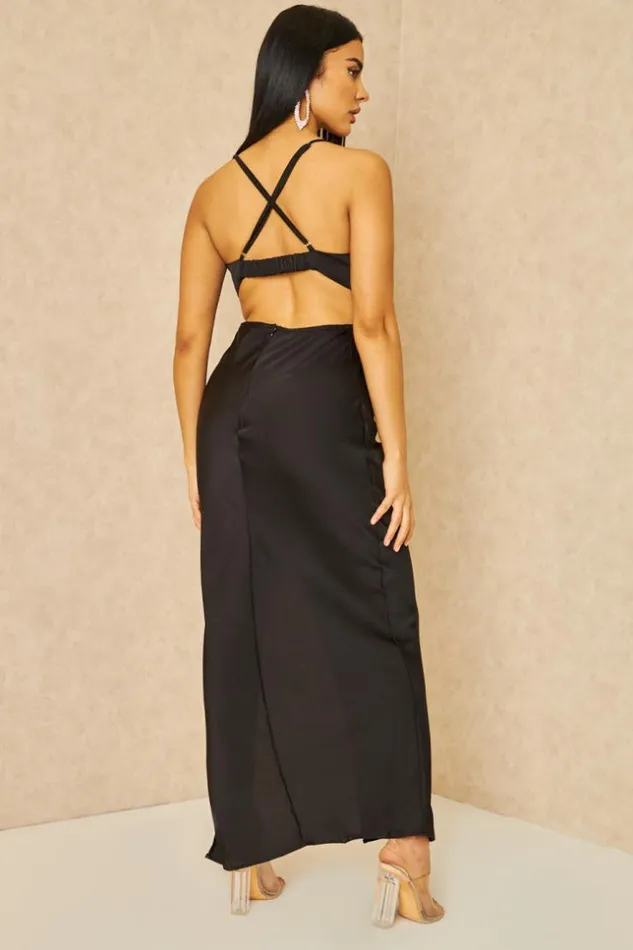 Women Cut Out Satin Cami Midi Dress In Black Black Brentiny Paris Satin Dresses