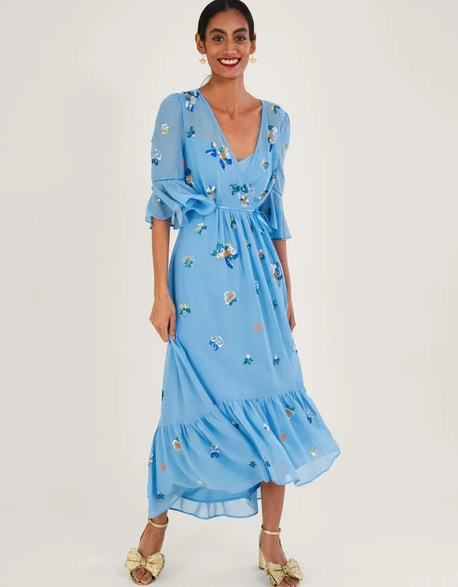Women Daniella Embellished Wrap Dress In Recycled Polyester Blue Monsoon Occasionwear