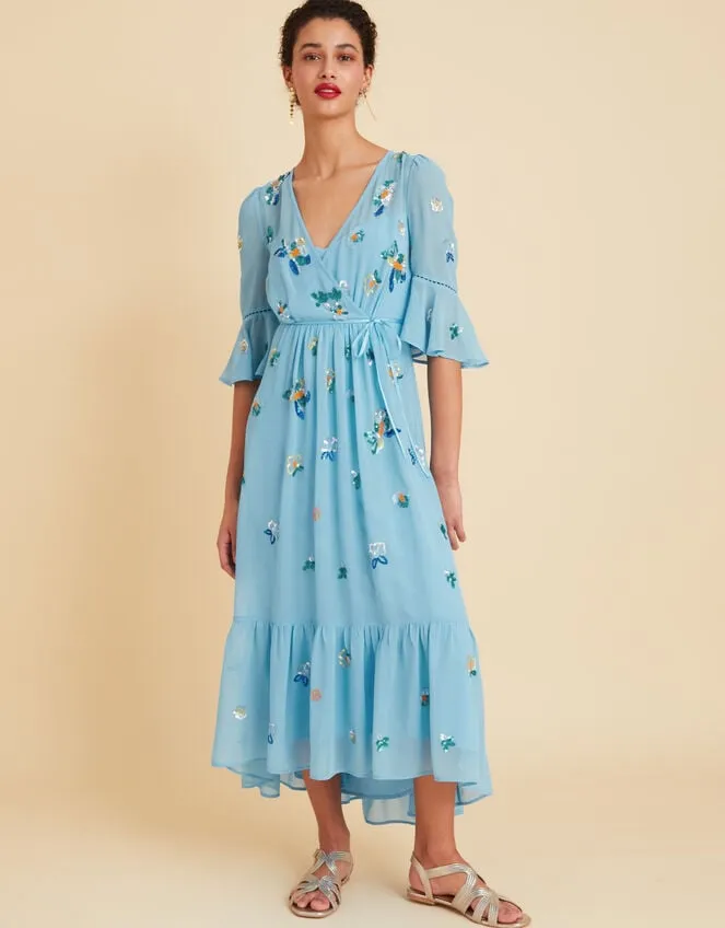Women Daniella Embellished Wrap Dress In Recycled Polyester Blue Monsoon Occasionwear