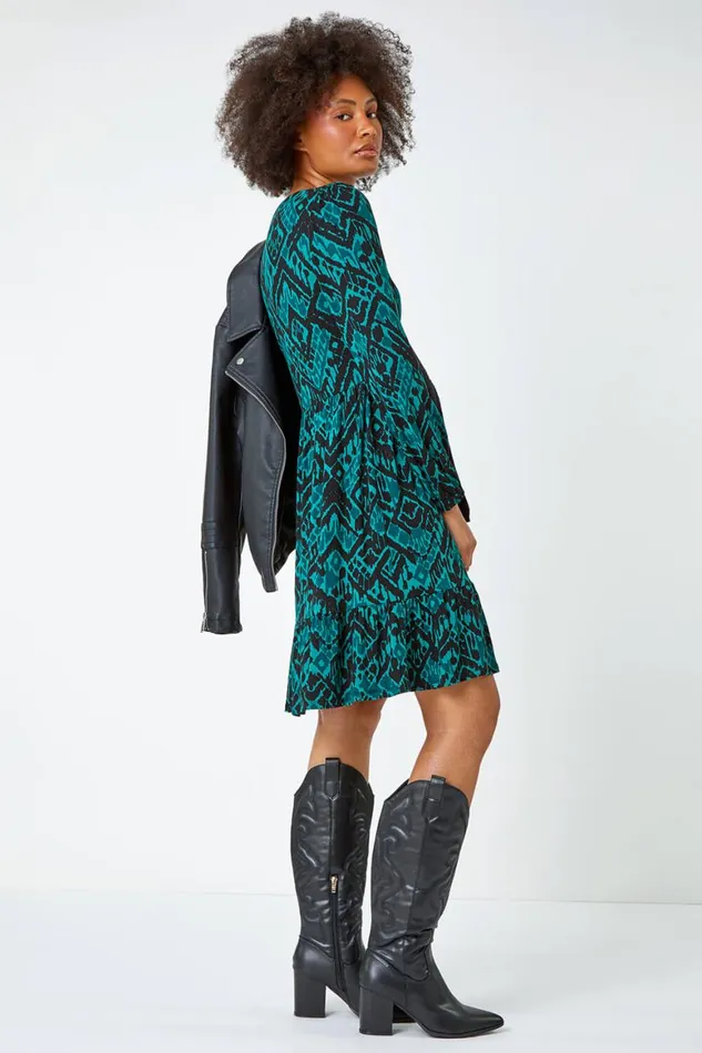 Women Dark Green Aztec Print Frilled Hem Stretch Dress Roman Dresses