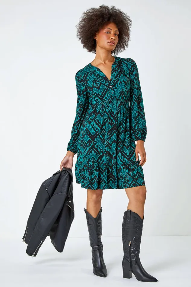 Women Dark Green Aztec Print Frilled Hem Stretch Dress Roman Dresses