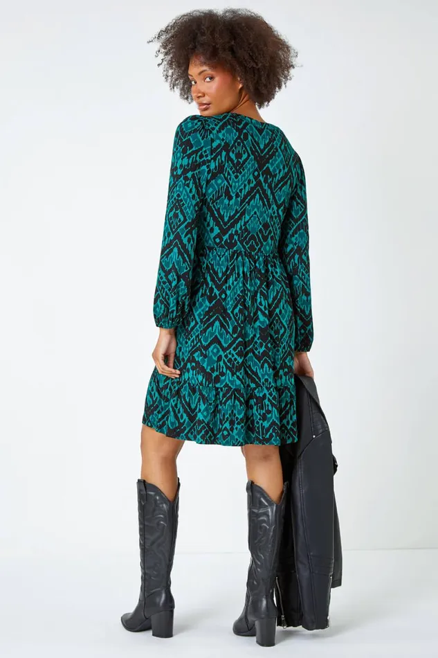 Women Dark Green Aztec Print Frilled Hem Stretch Dress Roman Dresses