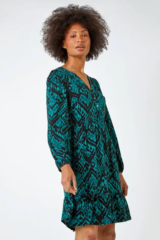 Women Dark Green Aztec Print Frilled Hem Stretch Dress Roman Dresses