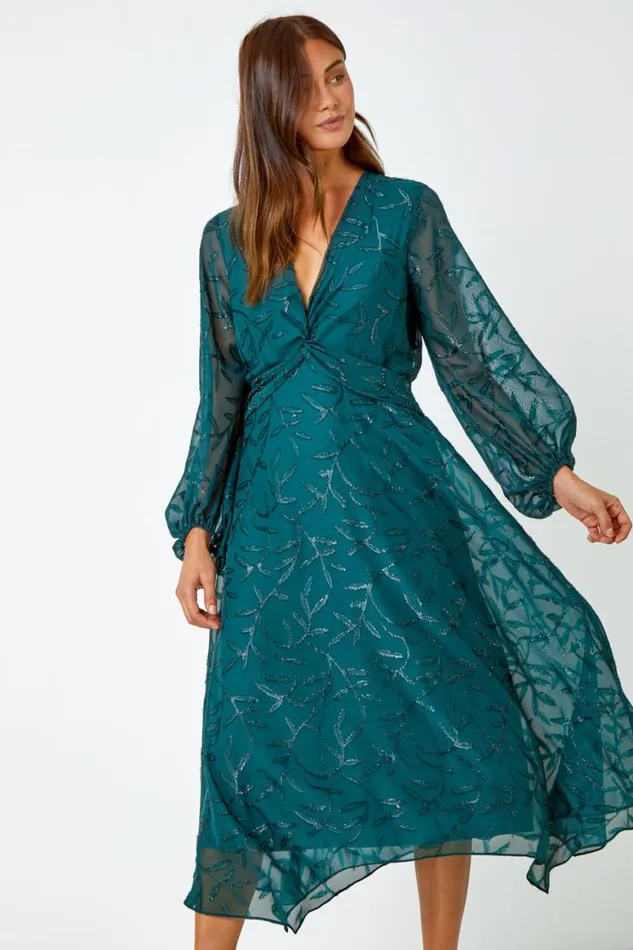 Women Dark Green Floral Textured Twist Front Chiffon Midi Dress Roman Dresses