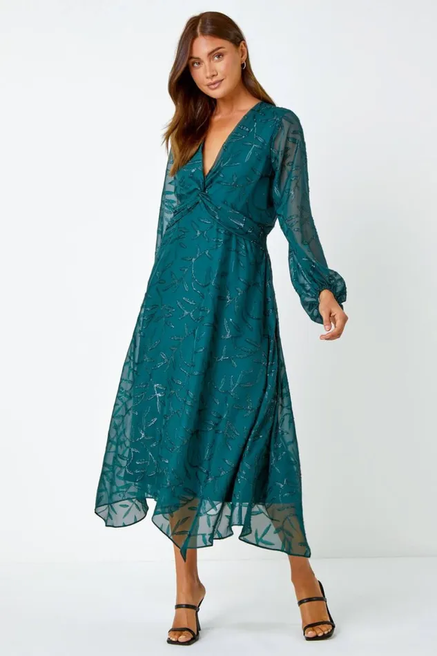 Women Dark Green Floral Textured Twist Front Chiffon Midi Dress Roman Dresses