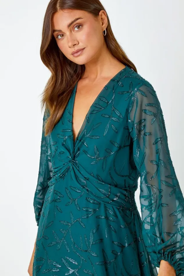 Women Dark Green Floral Textured Twist Front Chiffon Midi Dress Roman Dresses