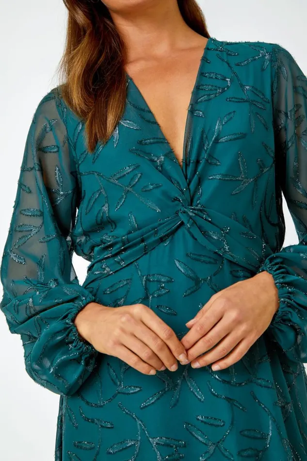 Women Dark Green Floral Textured Twist Front Chiffon Midi Dress Roman Dresses