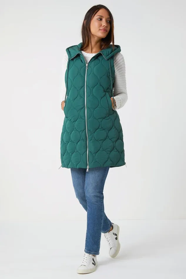 Women Dark Green Longline Padded Hooded Gilet Roman Coats