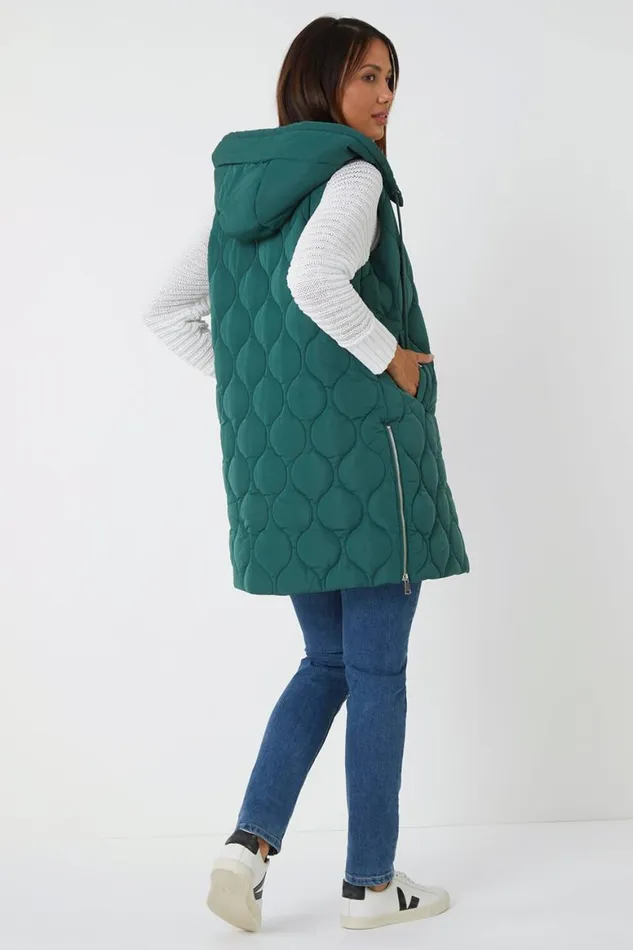 Women Dark Green Longline Padded Hooded Gilet Roman Coats