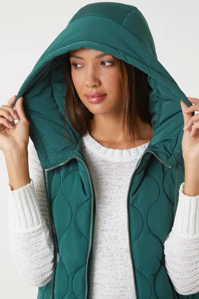 Women Dark Green Longline Padded Hooded Gilet Roman Coats