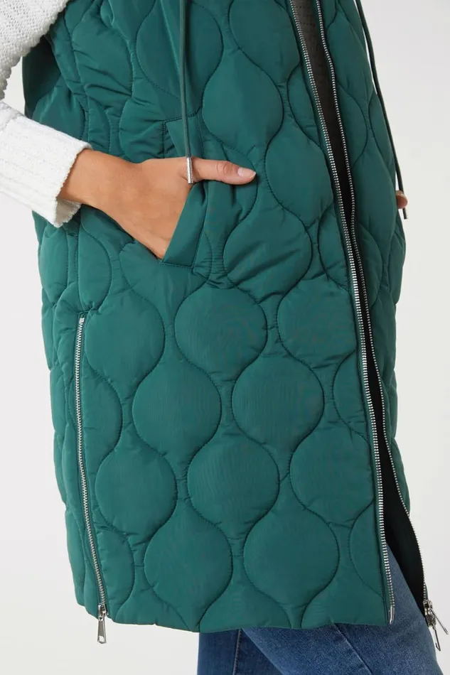 Women Dark Green Longline Padded Hooded Gilet Roman Coats