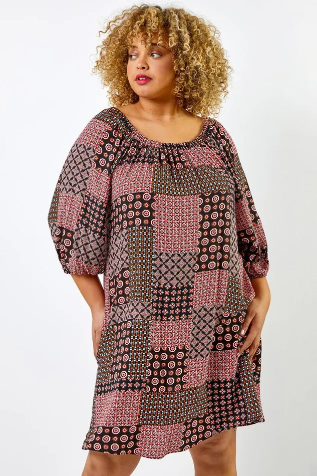 Women Dark Orange Curve Geo Print Longline Tunic Roman Dresses