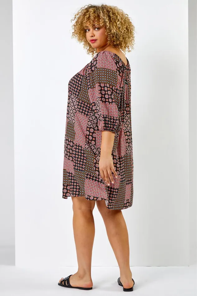 Women Dark Orange Curve Geo Print Longline Tunic Roman Dresses