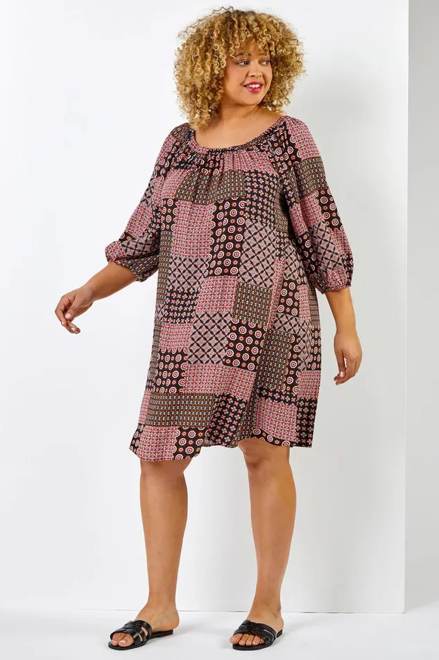 Women Dark Orange Curve Geo Print Longline Tunic Roman Dresses