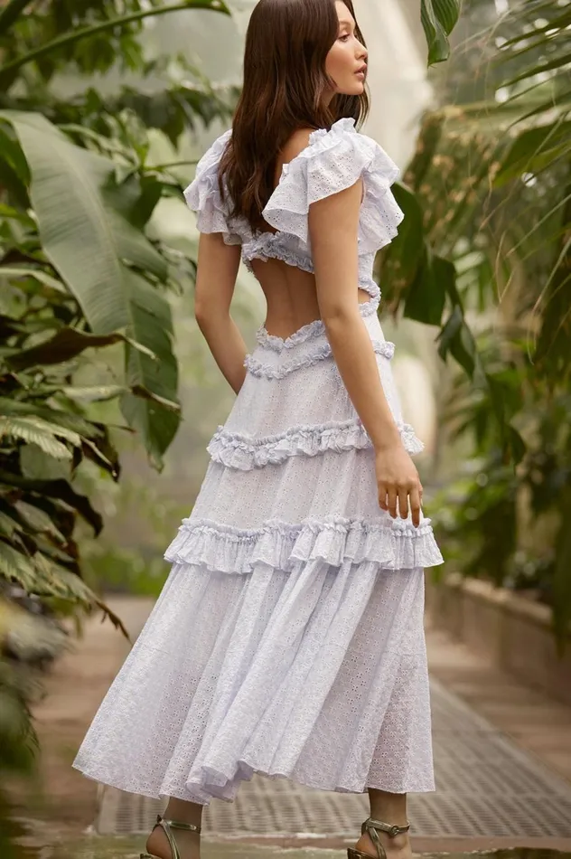 Women Day Dresses Needle and Thread Gingham Broderie Backless Ankle Gown Blue
