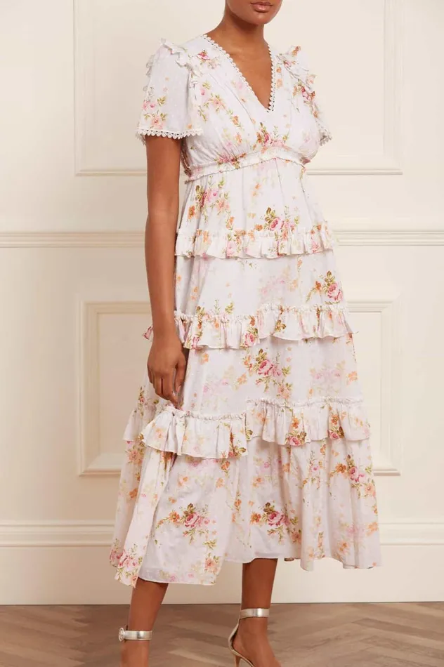 Women Day Dresses Needle and Thread Trailing Blooms Cotton Lace Ankle Gown Multi