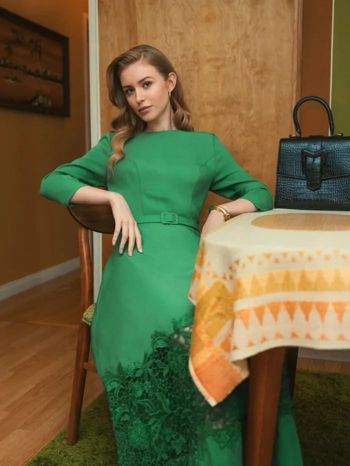 Women Daytime Dresses Mac Duggal Crepe Boat Neck Midi Dress With Applique Cut Out Spring Green