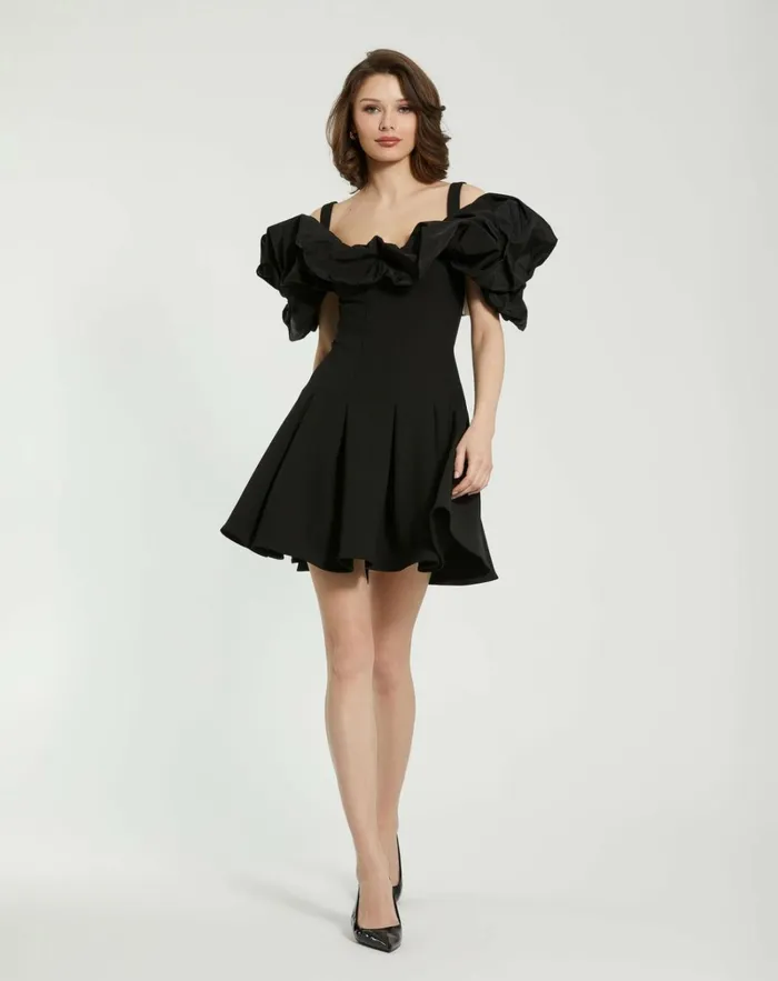 Women Daytime Dresses Mac Duggal Crepe Godet Hem Mini Dress With Faille Ruffle Black