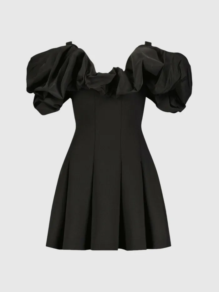 Women Daytime Dresses Mac Duggal Crepe Godet Hem Mini Dress With Faille Ruffle Black