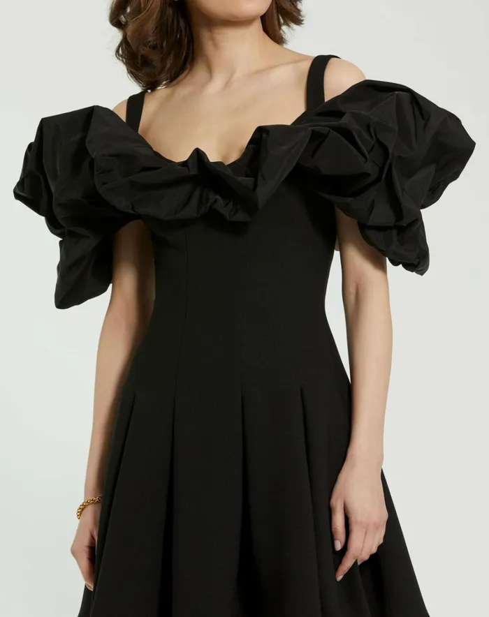Women Daytime Dresses Mac Duggal Crepe Godet Hem Mini Dress With Faille Ruffle Black
