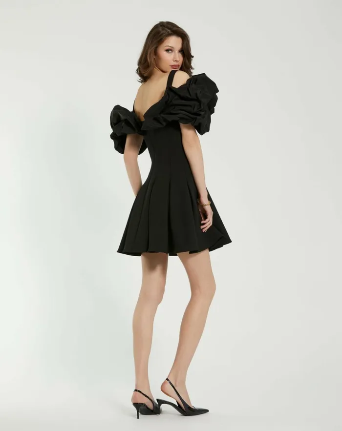 Women Daytime Dresses Mac Duggal Crepe Godet Hem Mini Dress With Faille Ruffle Black