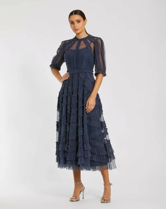 Women Daytime Dresses Mac Duggal Dark Blue High Neck Micro Ruffle Tiered Midi Dress Midnight Women Daytime Dresses Mac Duggal Dark Blue High Neck Micro Ruffle Tiered Midi Dress Midnight