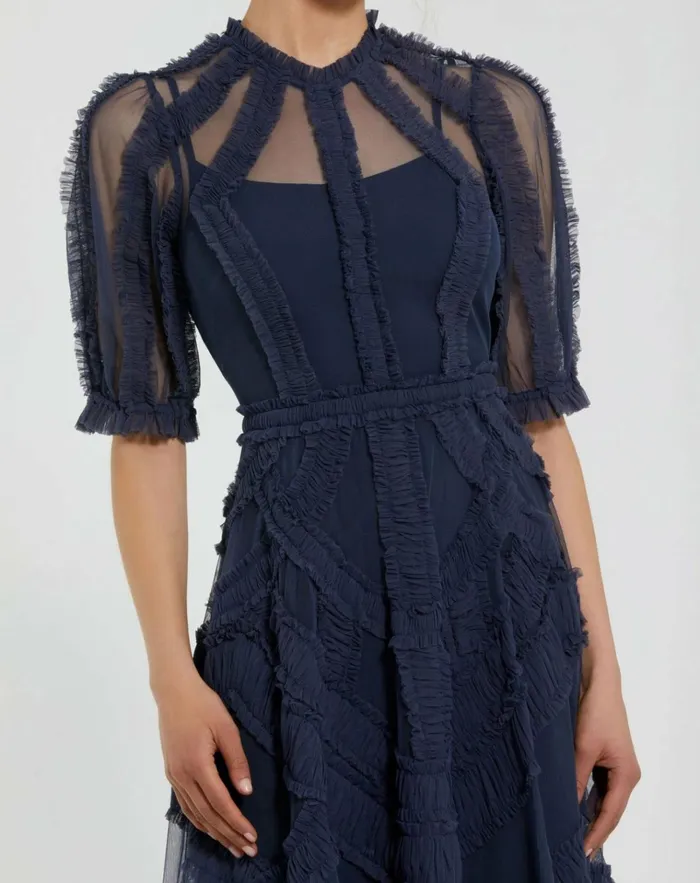Women Daytime Dresses Mac Duggal Dark Blue High Neck Micro Ruffle Tiered Midi Dress Midnight