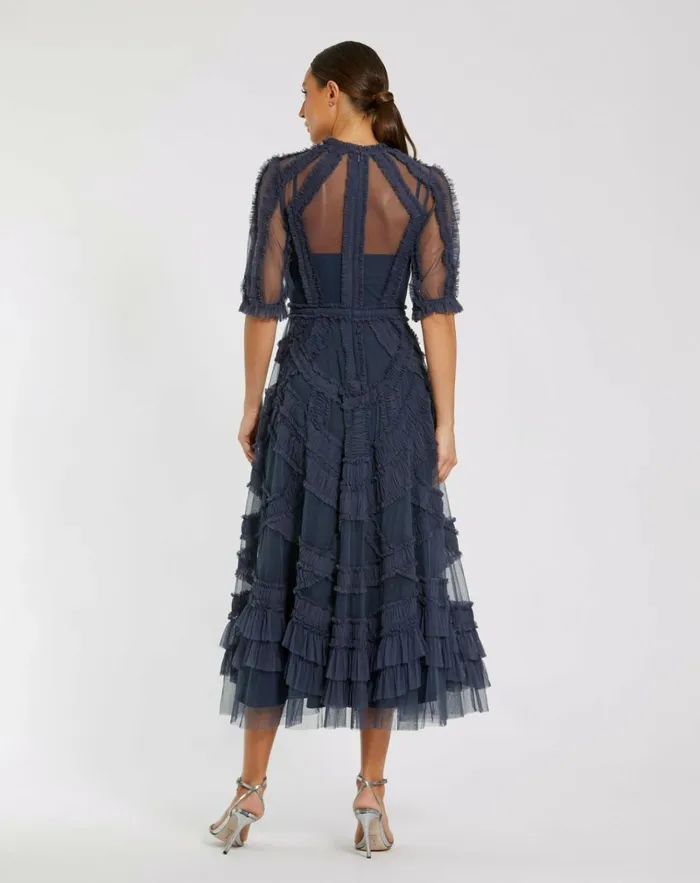 Women Daytime Dresses Mac Duggal Dark Blue High Neck Micro Ruffle Tiered Midi Dress Midnight