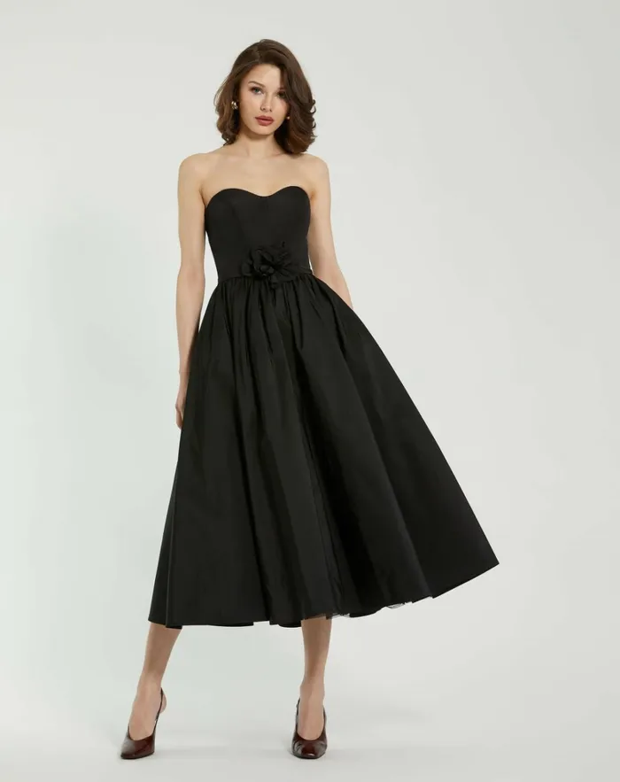 Women Daytime Dresses Mac Duggal Faille Strapless A Line Midi Dress With 3D Rose Black