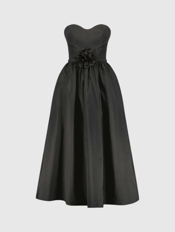 Women Daytime Dresses Mac Duggal Faille Strapless A Line Midi Dress With 3D Rose Black