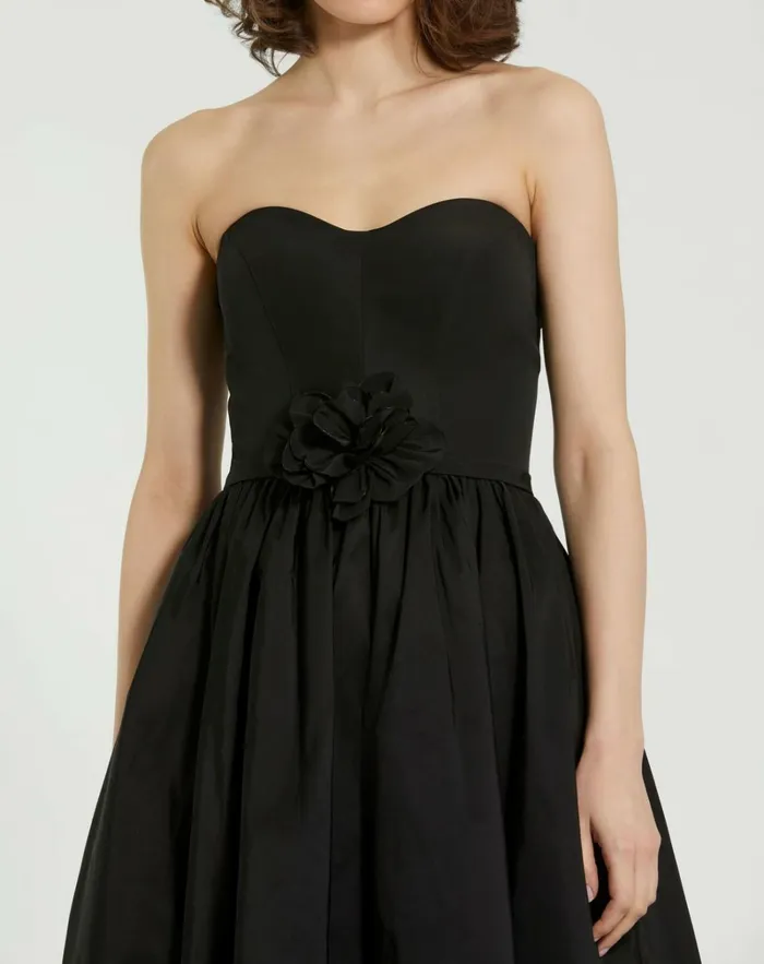 Women Daytime Dresses Mac Duggal Faille Strapless A Line Midi Dress With 3D Rose Black