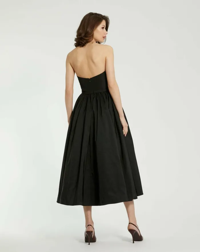 Women Daytime Dresses Mac Duggal Faille Strapless A Line Midi Dress With 3D Rose Black