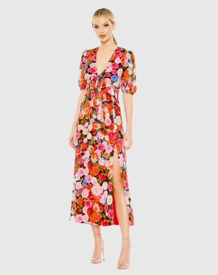 Women Daytime Dresses Mac Duggal Floral Print Front Tie Puff Sleeve Flowy Midi Dress Rose Multi Women Daytime Dresses Mac Duggal Floral Print Front Tie Puff Sleeve Flowy Midi Dress Rose Multi