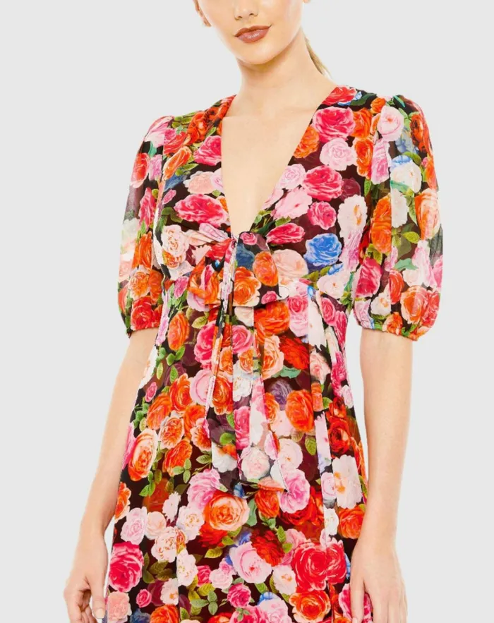 Women Daytime Dresses Mac Duggal Floral Print Front Tie Puff Sleeve Flowy Midi Dress Rose Multi