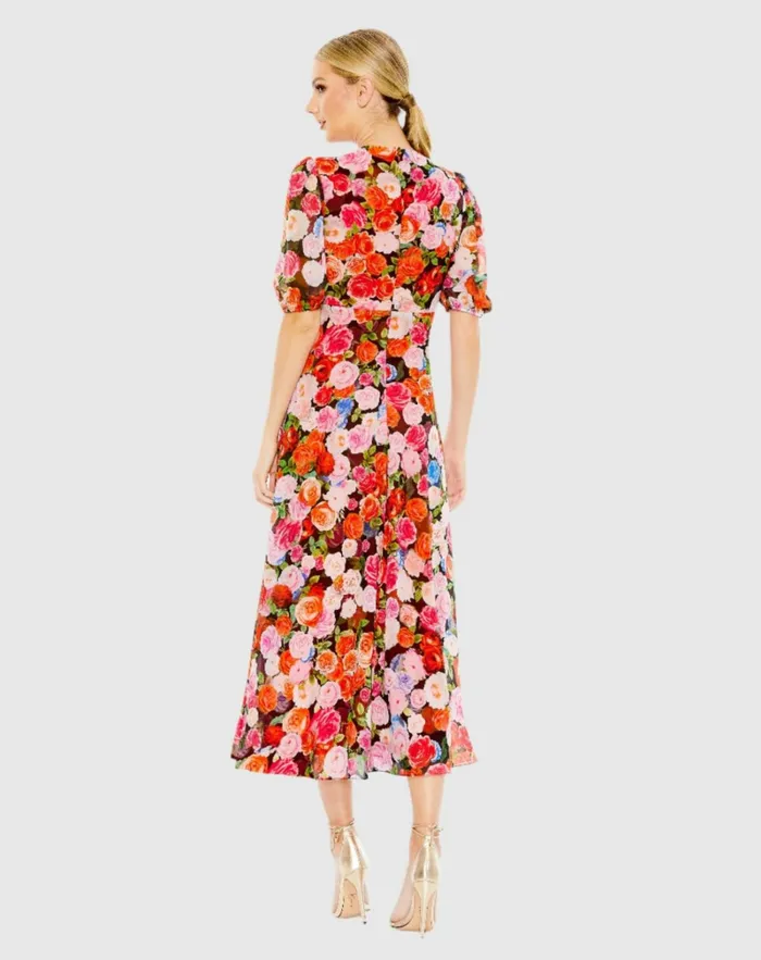 Women Daytime Dresses Mac Duggal Floral Print Front Tie Puff Sleeve Flowy Midi Dress Rose Multi