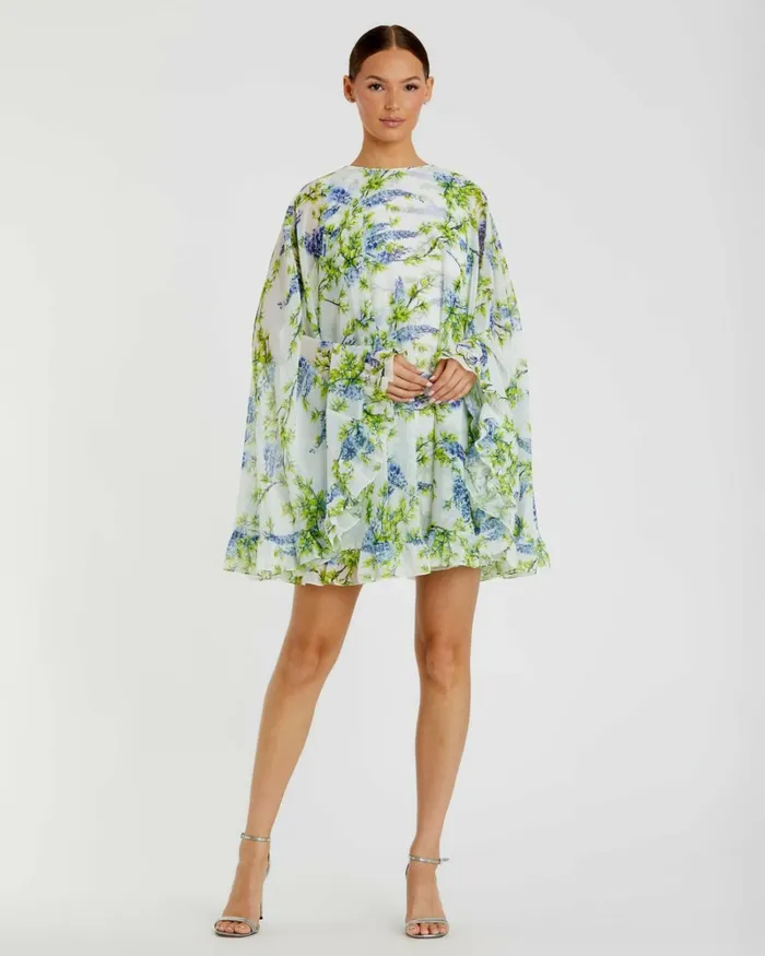 Women Daytime Dresses Mac Duggal Floral Print High Neck Ruffle Hem Cape Mini Dress White Multi