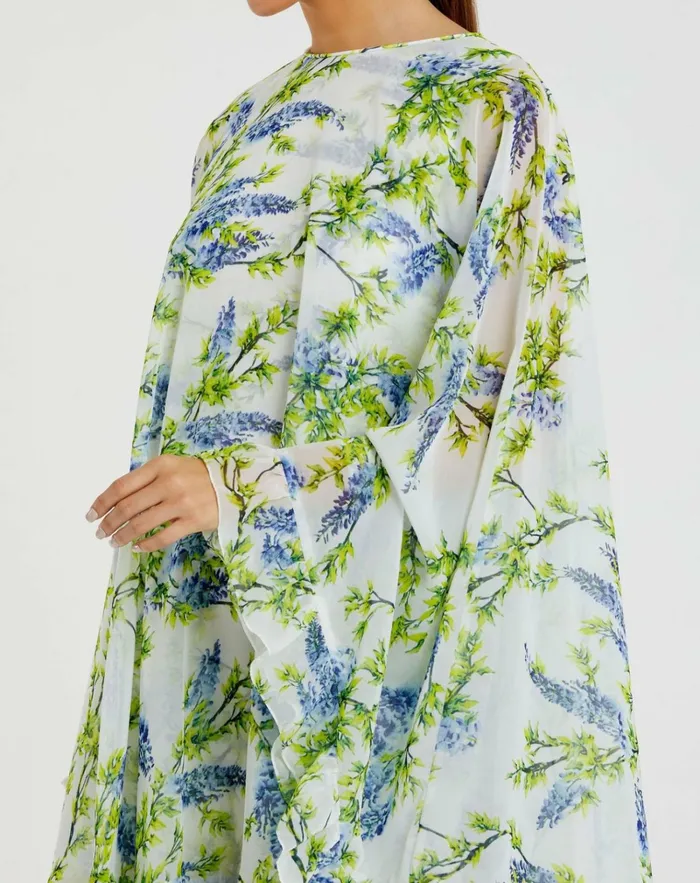 Women Daytime Dresses Mac Duggal Floral Print High Neck Ruffle Hem Cape Mini Dress White Multi