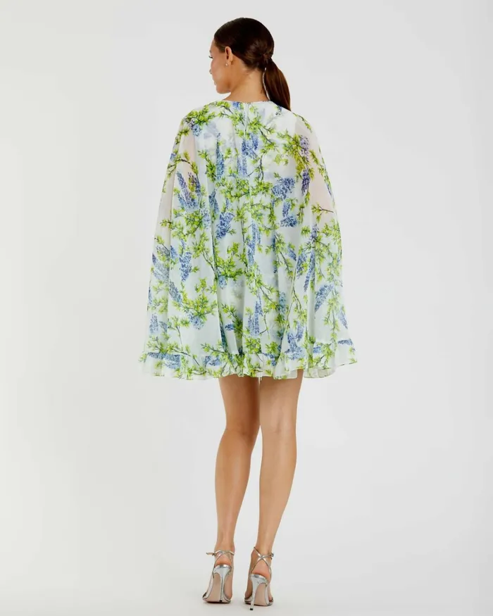 Women Daytime Dresses Mac Duggal Floral Print High Neck Ruffle Hem Cape Mini Dress White Multi