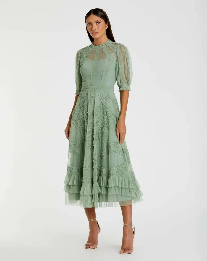 Women Daytime Dresses Mac Duggal Green High Neck Micro Ruffle Tiered Midi Dress Jade