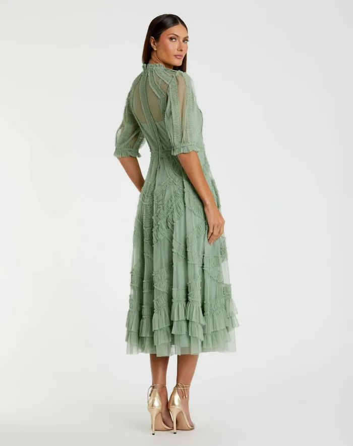 Women Daytime Dresses Mac Duggal Green High Neck Micro Ruffle Tiered Midi Dress Jade