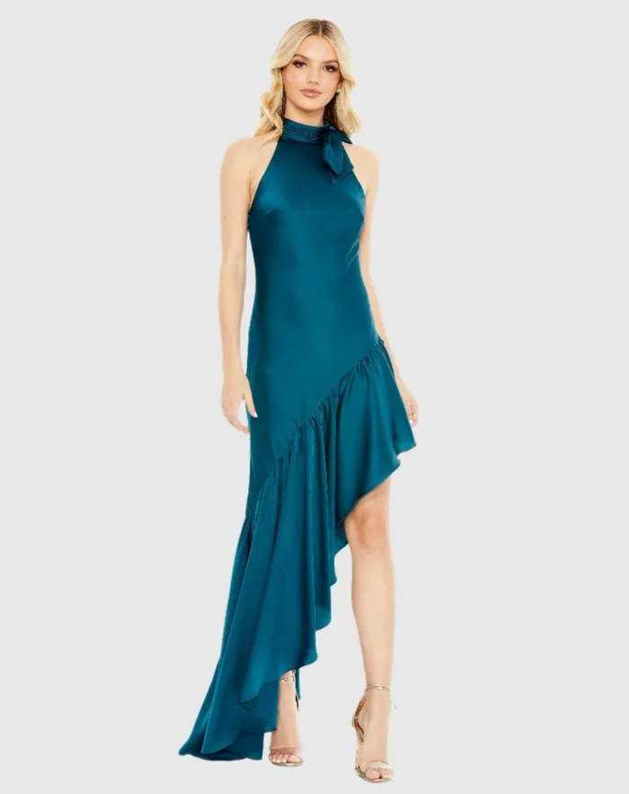 Women Daytime Dresses Mac Duggal Halter Neck Ruffled Asymmetrical Gown Teal