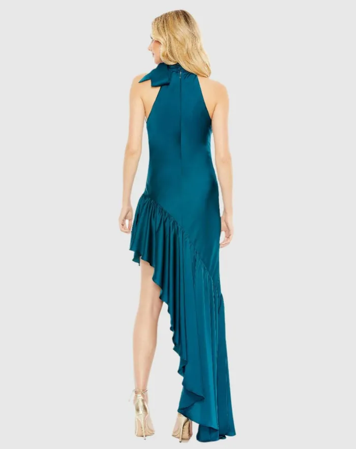 Women Daytime Dresses Mac Duggal Halter Neck Ruffled Asymmetrical Gown Teal